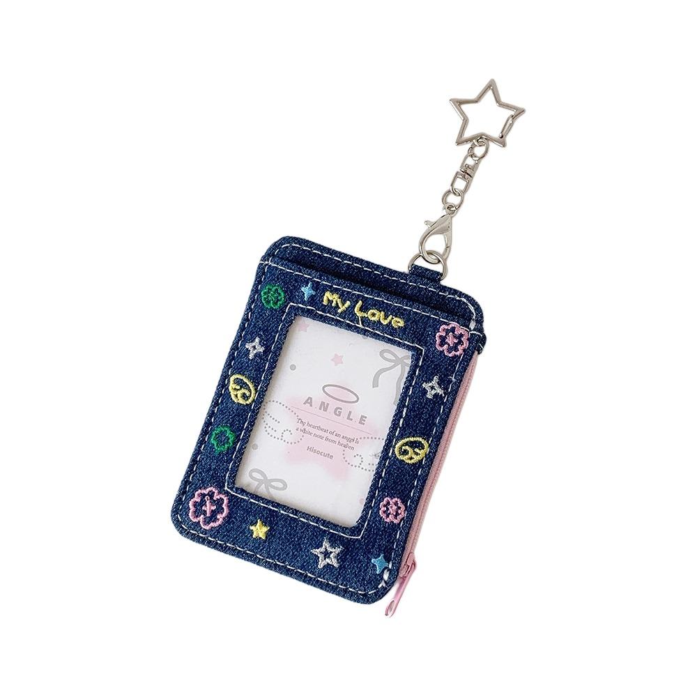 

Mini Wallet Small Denim Card Bag with Keychain Idol Card Display Protector Student Friends темно-синього кольору