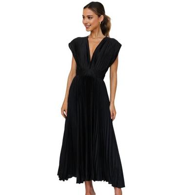 Women's V-Neck Sleeveless Dress Summer Casual Loose Zipper Closure Pleated Gown Elegant Breathable Dress for Office Parties Travel Holiday