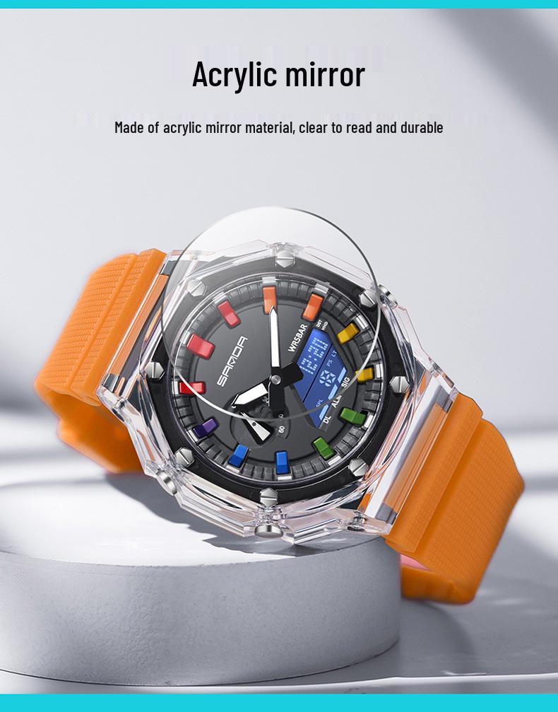Sanda Octagonal Transparent Multifunctional Waterproof Unisex Wristwatch