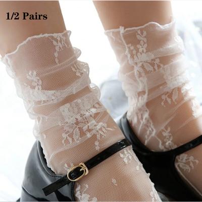 1/2 Paar Dünne Socken Damen Sommer Ultra Atmungsaktiv Transparent Spitze Socken Lolita Weich Sexy Weiß Kniehohe Socken Fischernetz Frau
