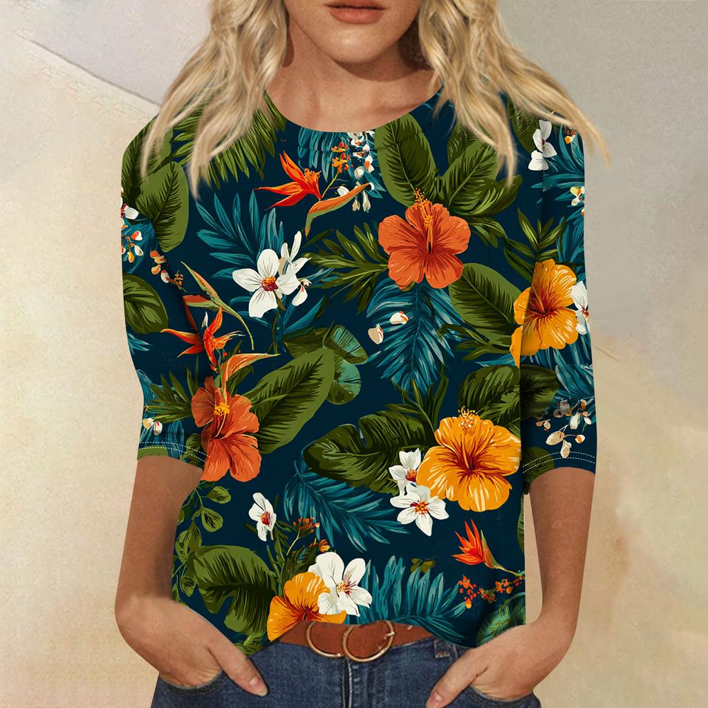 Women's Fashionable Casual Round Neck Three-quarter Sleeve Hawaiian Print T-shirt Top