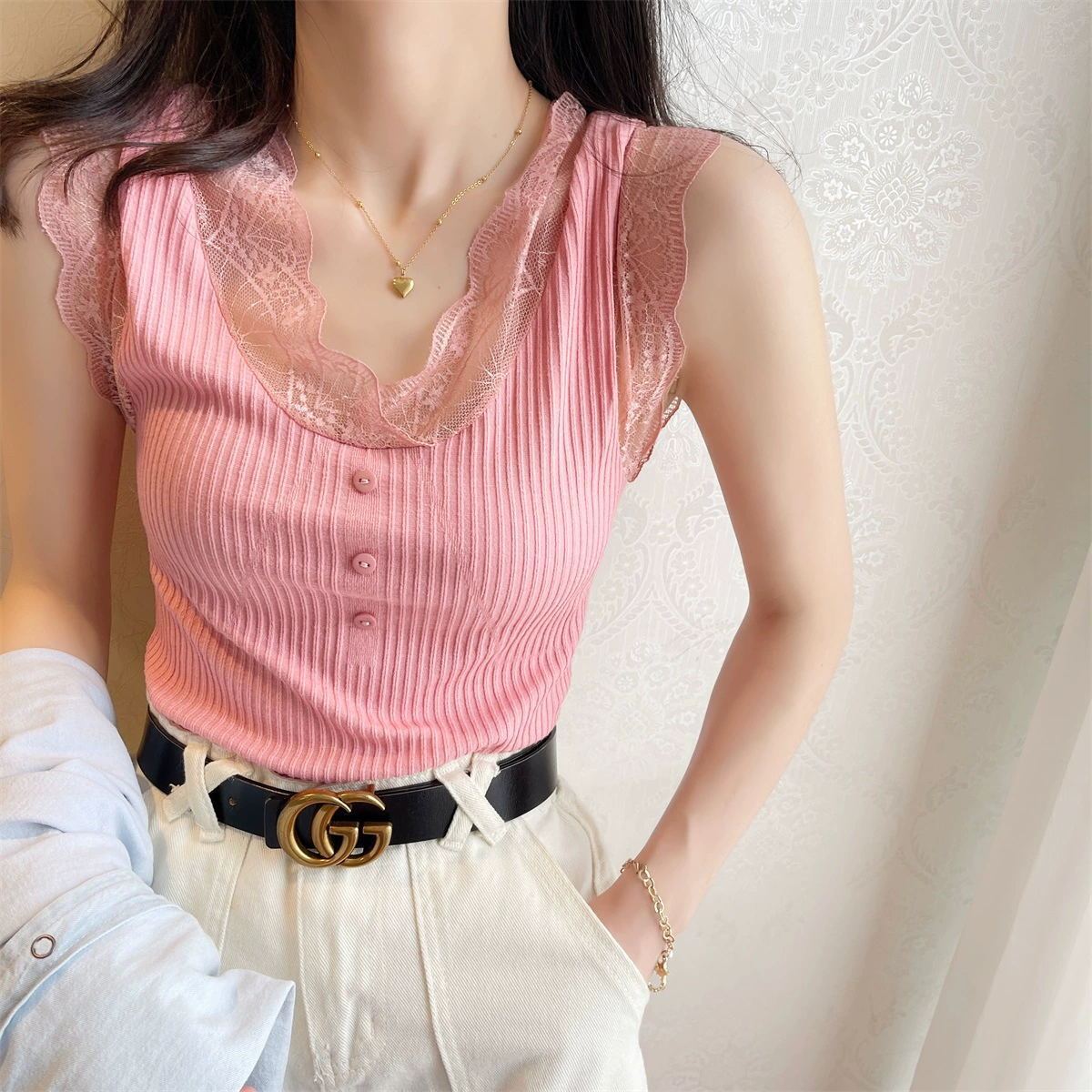 

Women s Blue Ribbed Knit Tank Top Lace Trim V-Neck Slim Fit Casual Camisole S