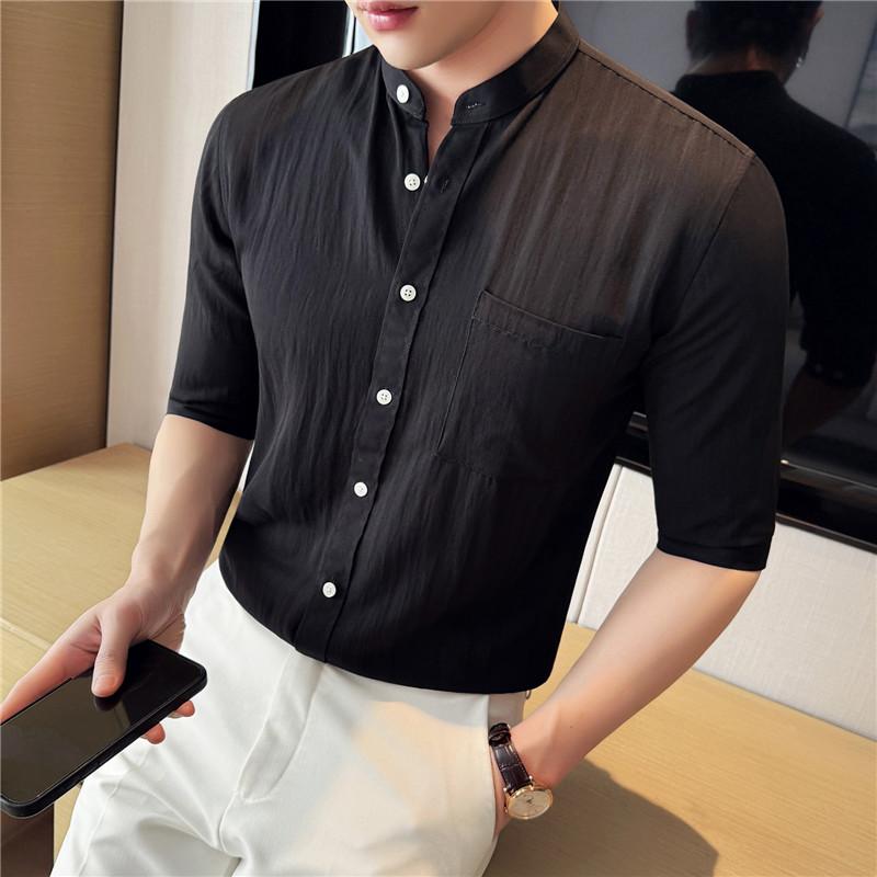 Half Sleeve Shirts Men Fashion Stand Collar Slim Fit Men's Casual Shirt