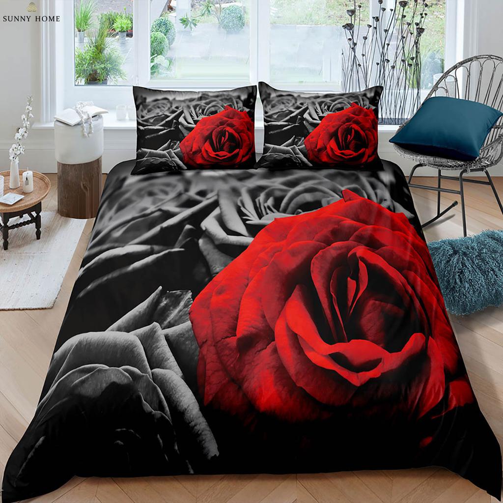 Valentine's Day Gift Romantic Retro Red Rose 3d Printed Quilt Cover Bedding Set Quilt Cover Pillowcase Three-Piece Set