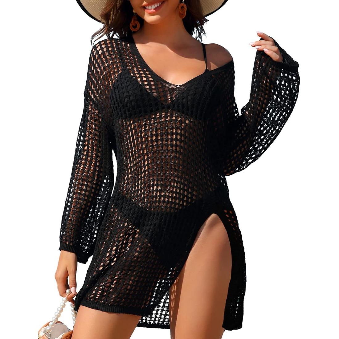 

Charmleaks купальник накидка женские вязаные крючком топы с боковым разрезом купальный костюм бикини пляжные накидки свободный крой купальник платье L чёрный