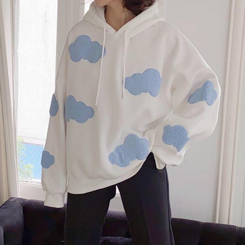 

Жіноча корейська толстовка Winter Clouds Pulover Women Plus Velvet Warm Long Sleeve Tops Casual Hoodies Kawaii L білий