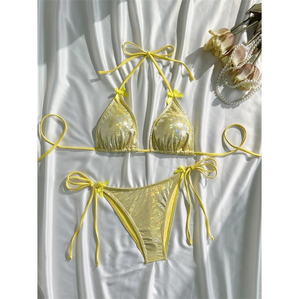 Shiny Pink Bikini Extrem String Backless Swimsuit Push Up Kawaii Bowknot Vacation Swimwear Women Micro Tangas Beach Bathing Suit