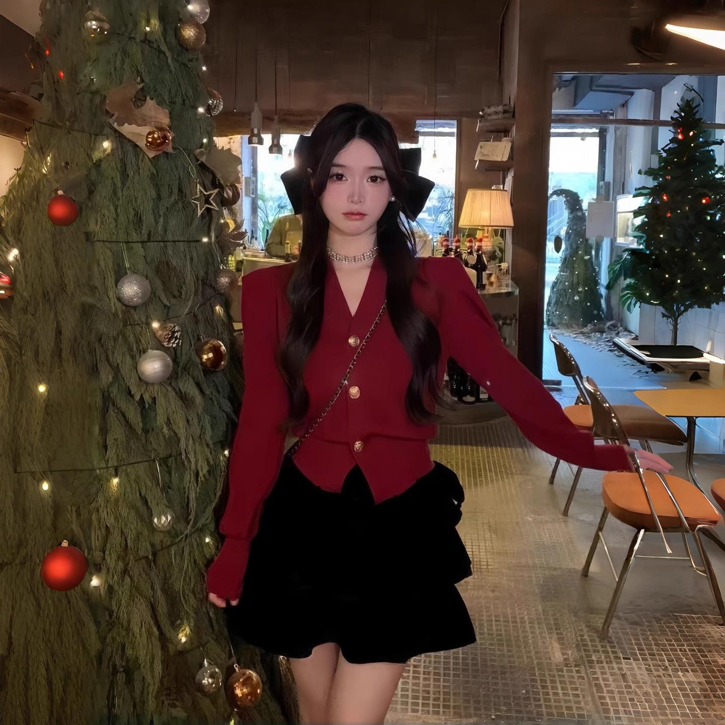 

Korean Style Petite Red Christmas Sweater Coat - Women s Short Knit Cardigan for Spring and Autumn M