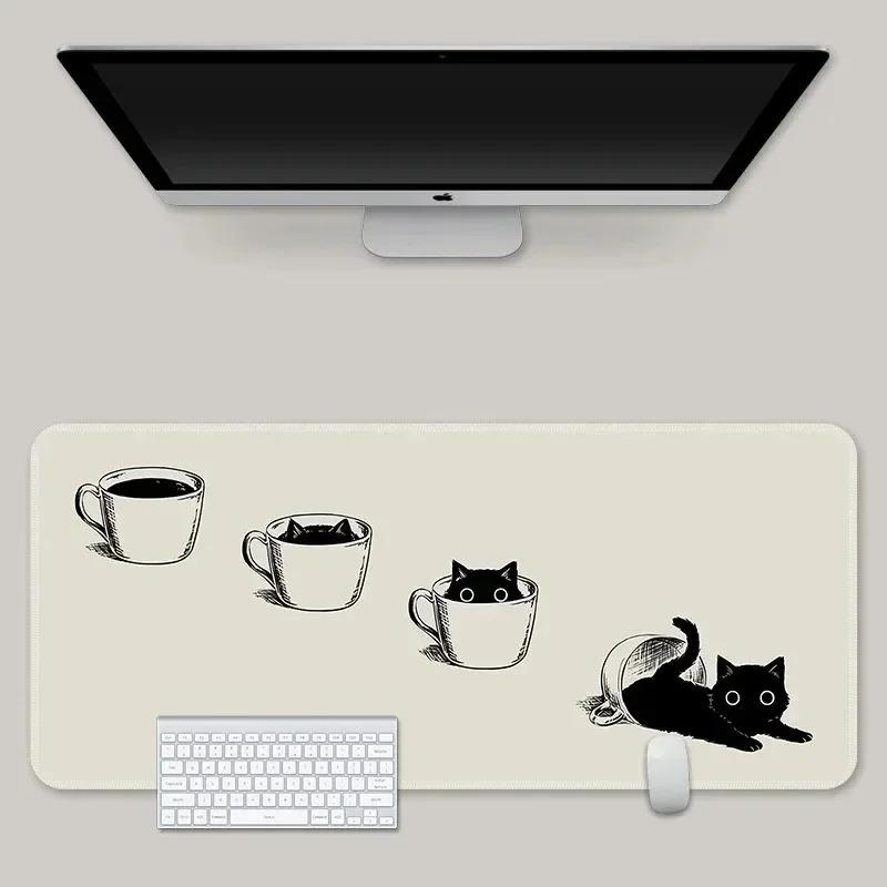 Kawaii Black Cat Sketch  Mouse Pad Anime Gaming Desk Mat Nonslip Rubber for Home Office