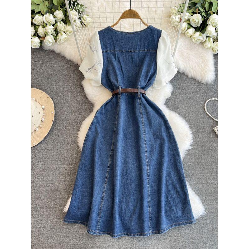 Lyocell Denim Dress Summer Dress 2025 New Patchwork Puff Sleeves Tight Waist Mid Length Long Length below the Knee plus Size Skirt