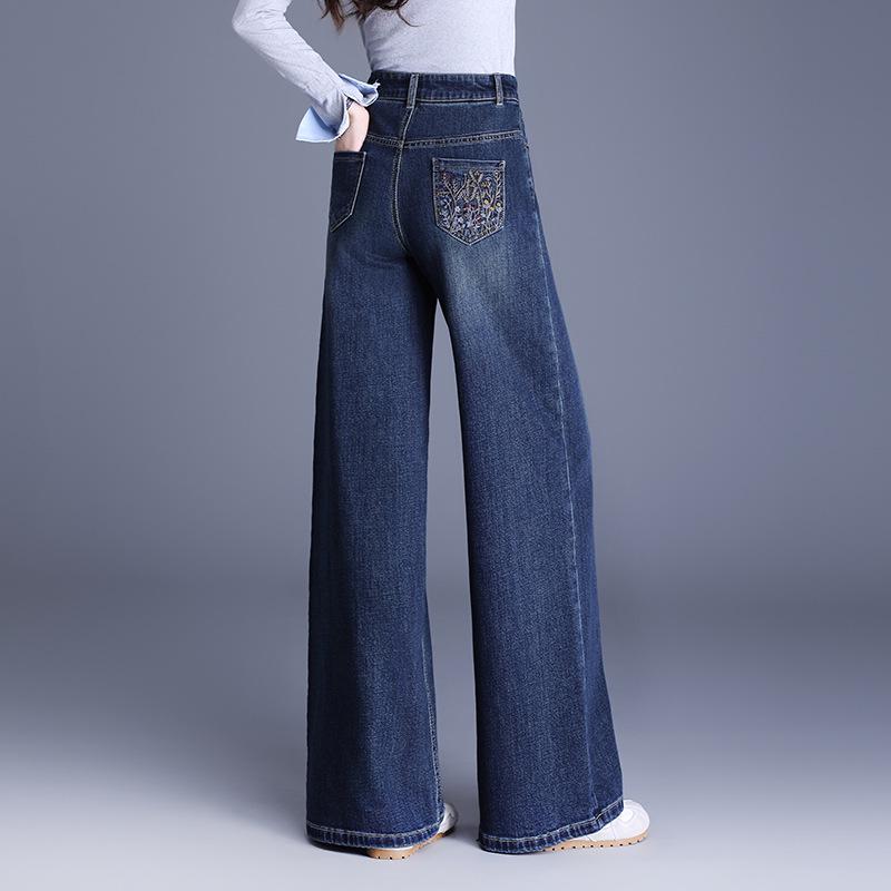 Embroidered High-Waisted Wide-Leg Jeans - Loose Casual Straight Pants for Autumn 