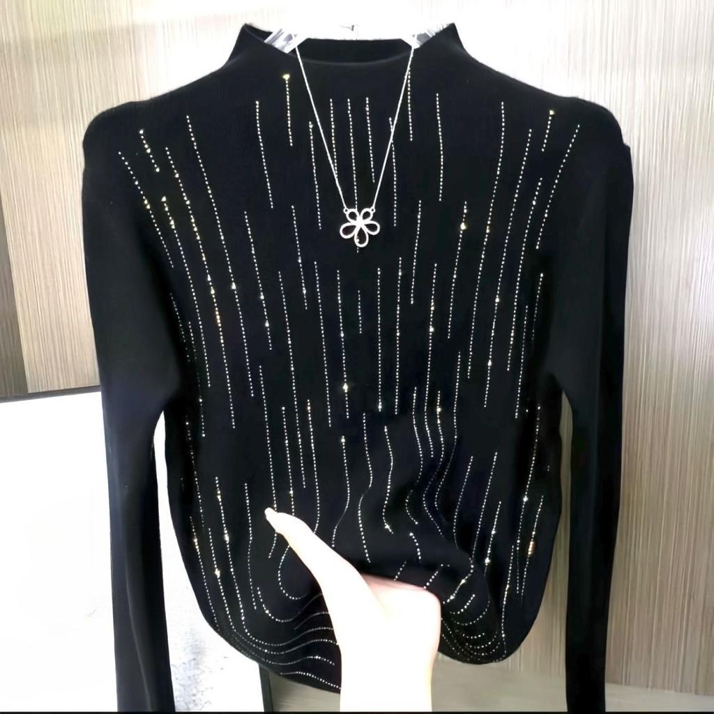 Women's Half Turtleneck Rhinestone sweater Pullover Stretch Knit Sweater Slim-Fit Long Sleeve Knit Top Autumn Winter