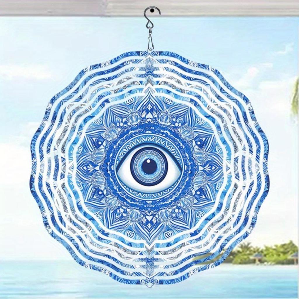 Evil Eye Wind Spinner 3D Metal Garden Decor Blue and White Design for Patio Yard Outdoor Thanksgiving Christmas Holiday No Power Needed