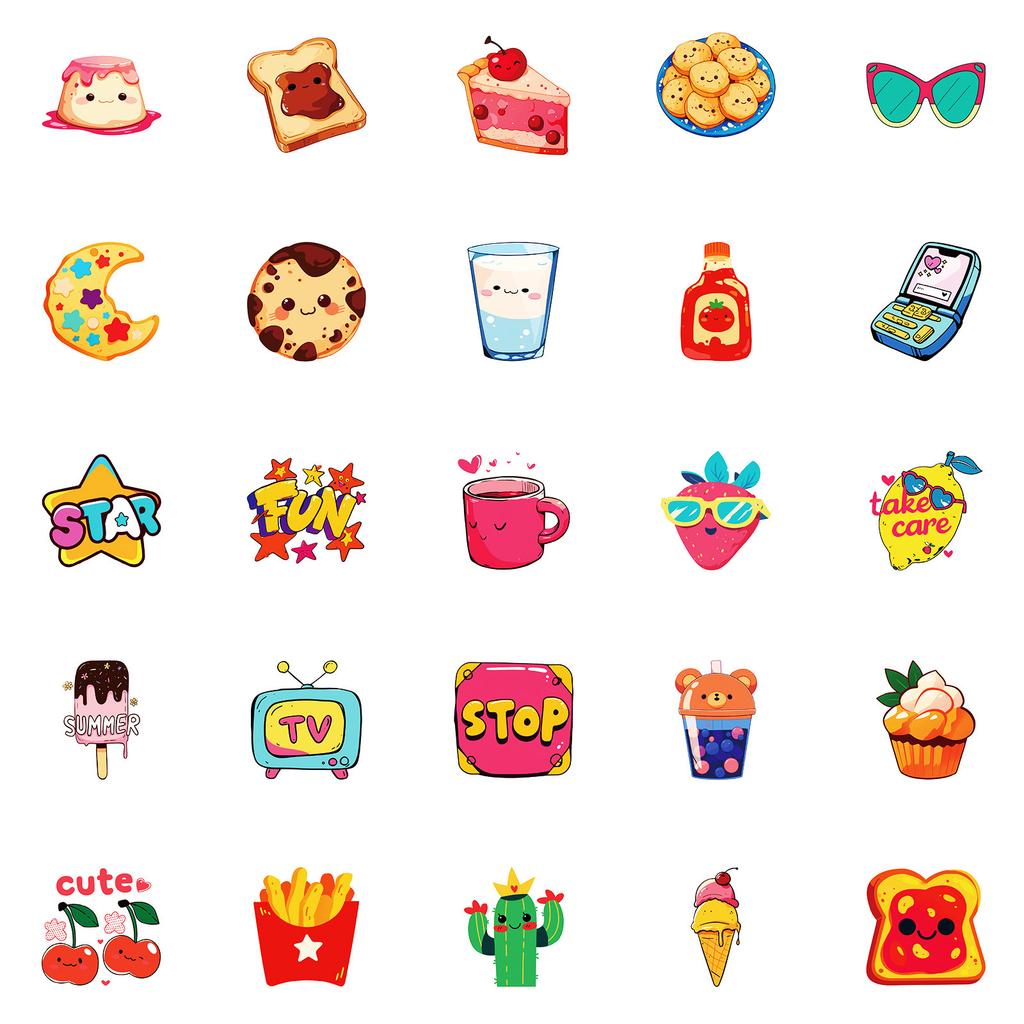 50 Girl Heart Hand-painted Cartoon Doodle Strawberry Cake Watermelon Five-pointed Star Waterproof Stickers