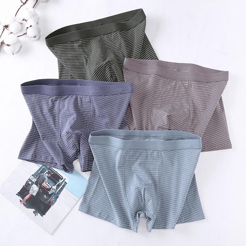 Pure Cotton Men's Striped Boxer Briefs: Mid-High Waist, Loose, Plus Size, Breathable Four-Corner Pants