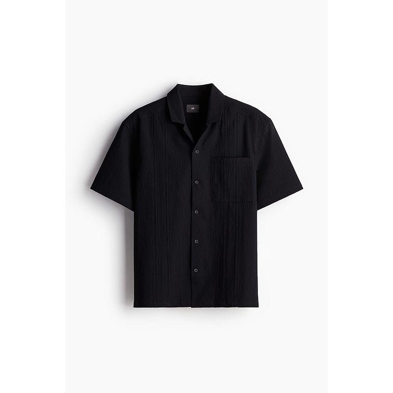 

HM Men s Cuban Collar Shirt Autumn Simplicity Loose Design Texture Short Sleeve Top Shirt 1231719 Black 165/84
