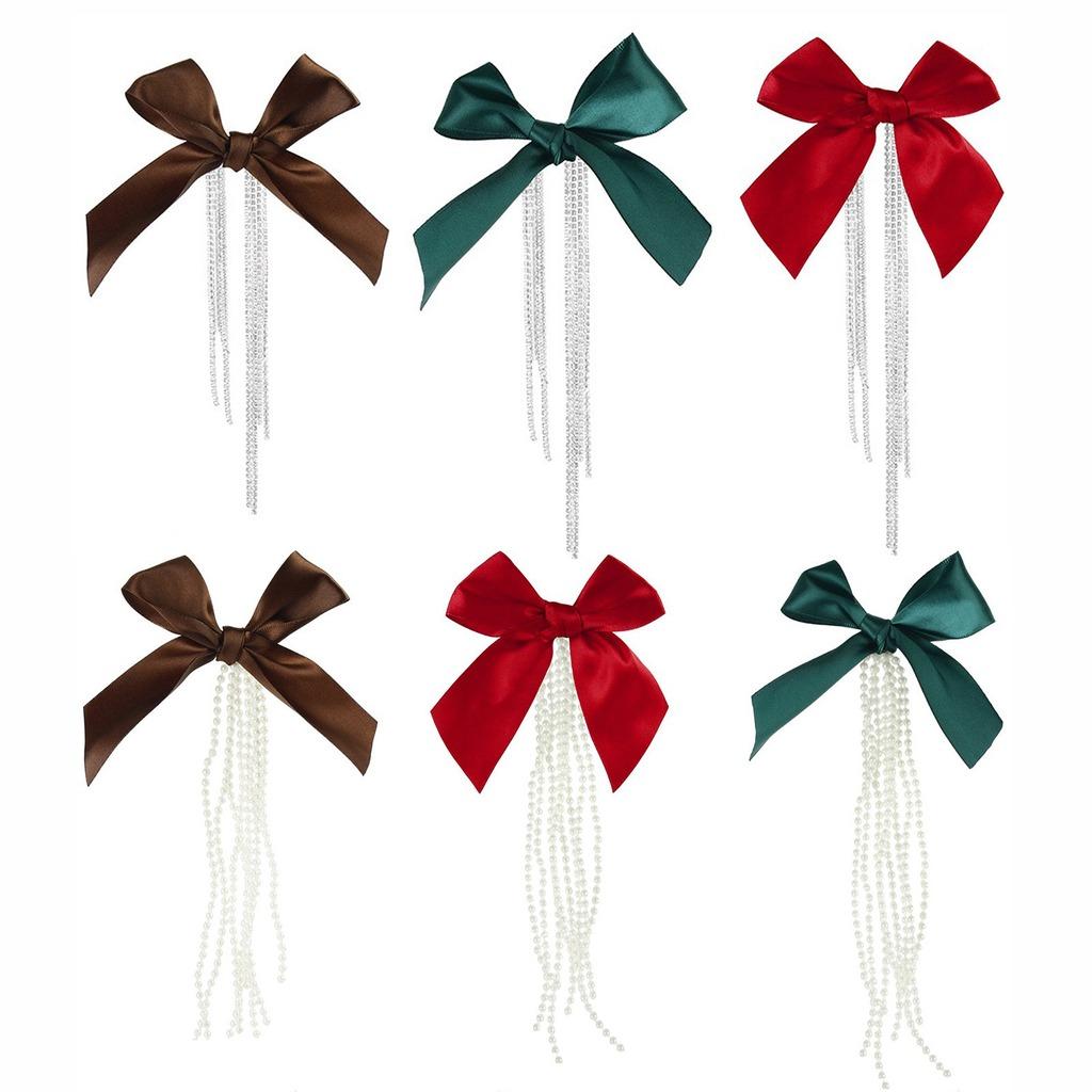 Elegant Gold Twist Ties Christmas Tree Bows Red Color Pearl Tassel Gift Wrap Bows Vintage Style Red Ribbon Bows Gift Wrapping