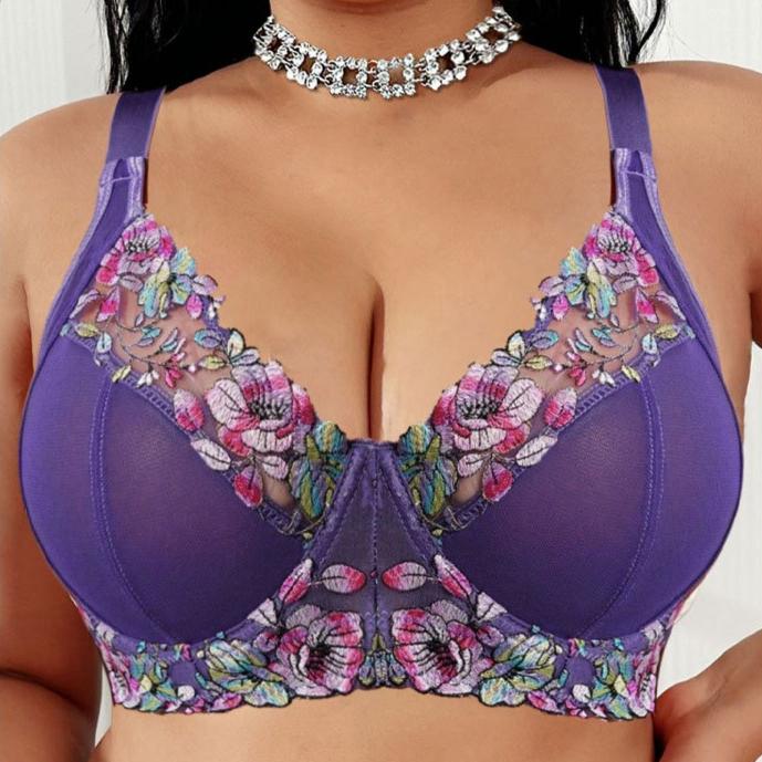 

Сексуальный фиолетовый вышитый женский кружевной бюстгальтер с собирающим эффектом, U-образными бретелями с боковой поддержкой, для больших размеров 85D