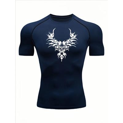 Men's Compression Shirt Quick Dry Navy Blue Gym T-Shirt White Symmetrical Gothic Demon Print Workout Sportswear