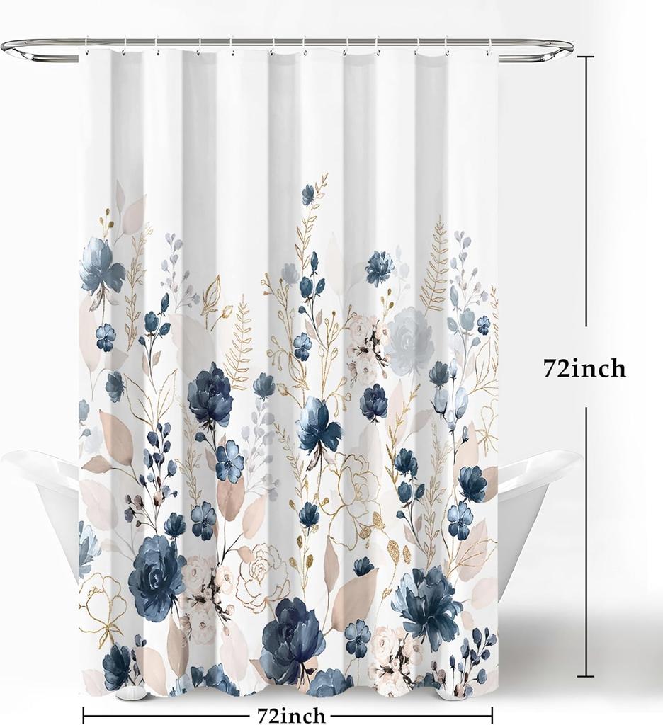Ästhetische Marineblaue Florale Duschvorhangsets, Aquarell Goldene Blumen Blätter Badezimmer Dekorativ 72x72 Zoll Polyester Wasserpro