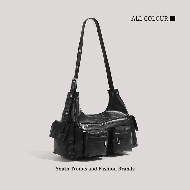 Cool Motorcycle Style PU Leather Women's Shoulder Bag Simple Solid Color Ladies Messenger Bag Multiple Pockets Female Armpit Bag