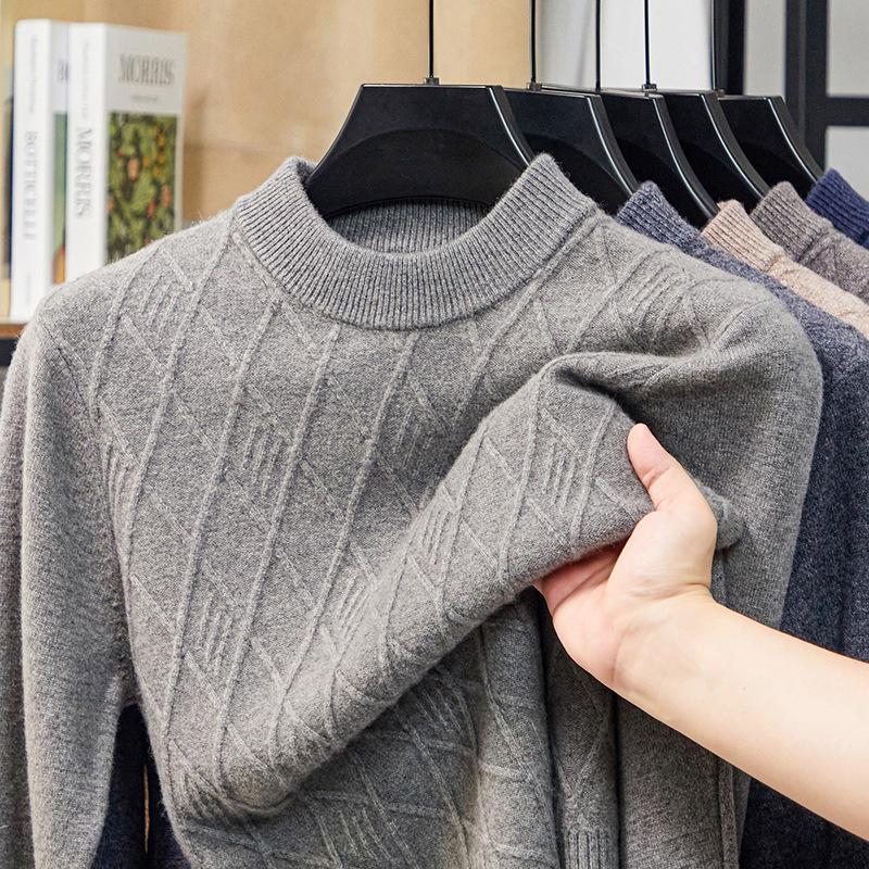 Men's 100% Wool Round Neck Winter Sweater, Casual Business Jacquard Knitwear