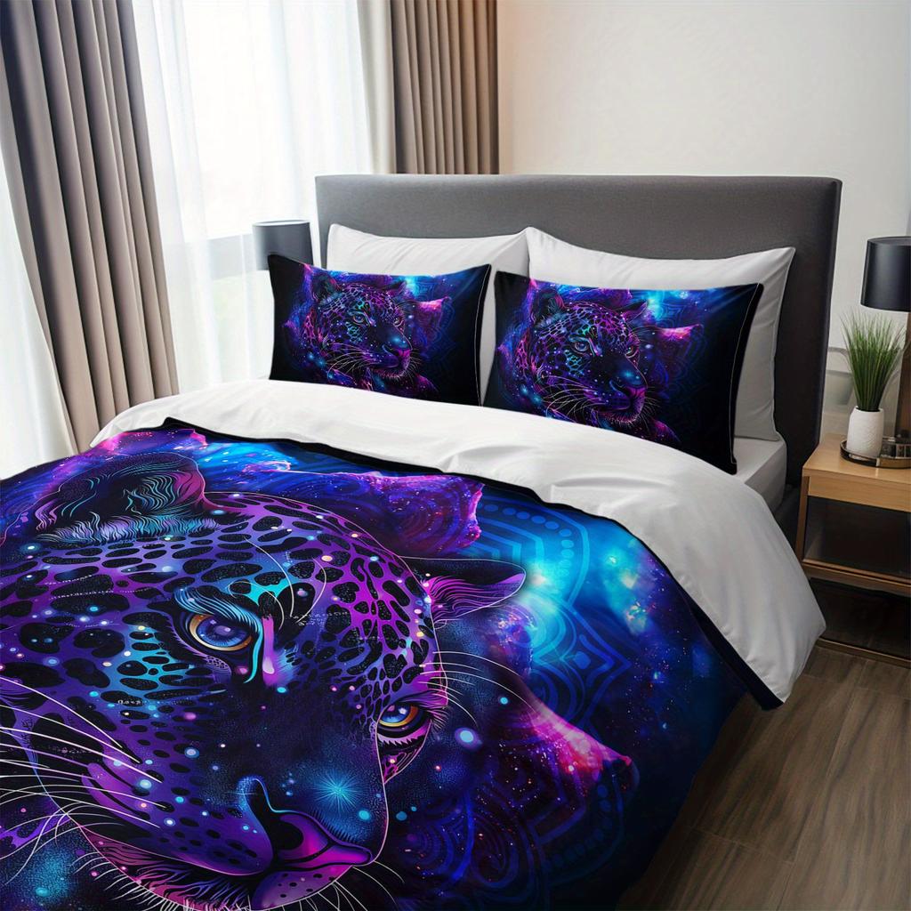 3 Stück Für Galaxy Neon Jaguar Bettwäsche Bettbezug Set Böhmisches Jaguar Bettwäsche Tagesdecke Set Tier-Thema Bett Tagesdecke Set Mystisch