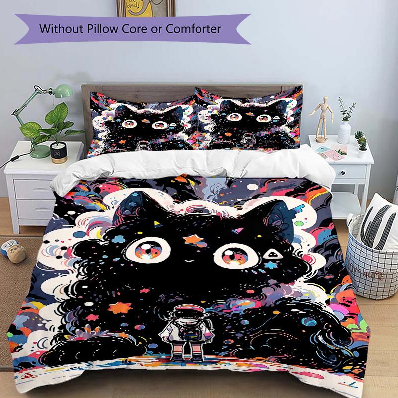 3pcs Giant Colorful Black Cat Print Bedding Set (1 Cover + 2 Pillowcases, Without Inserts), This Printed Bedding Set Is Soft and Comfortable