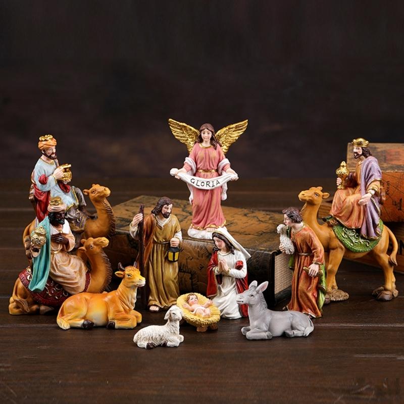 Christmas Nativity Figurines Resin Nativity Scene Statue with Stable Holy Family Statue Table Centerpieces Home Decors