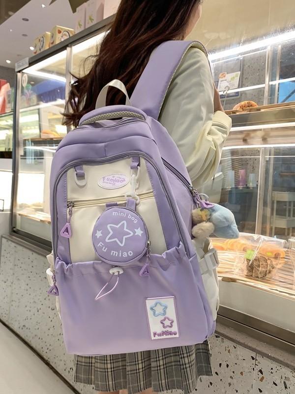 Youth College Style Backpack With Spliced Nylon Material And Features For Schoolgirls