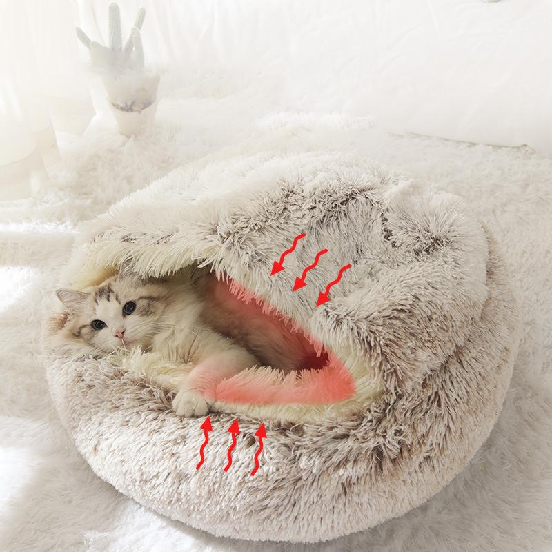 2 in 1 Soft Long Plush Pet Bed with Cover Semi-enclosed Round Warm Comfortable Dog Cat Sleep Nest Kitten Supplies
