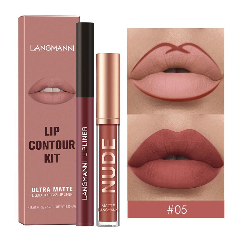 2-teilige Kombination aus Lippenkonturenstift und Lipgloss, wasserfest, langanhaltend, samtig, nackt, sexy, nicht klebender, matter Lippenstift, Lippenkonturenstift