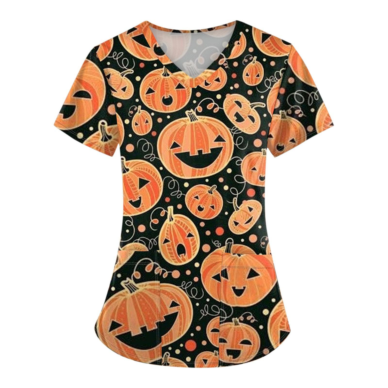 Женская униформа с коротким рукавом и принтом на Хэллоуин с V-образным вырезом и карманом — фото 7