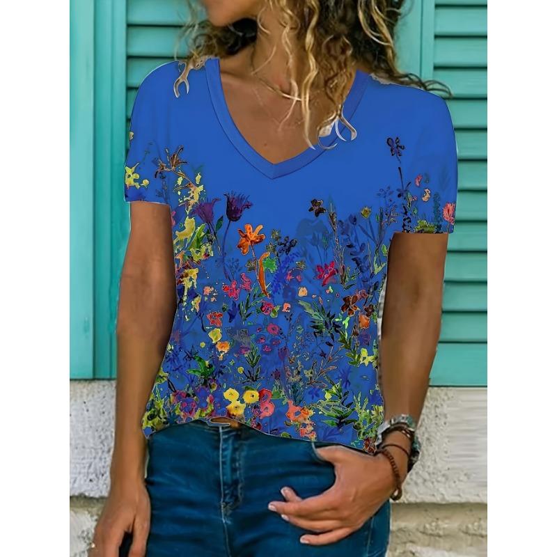 Women's Floral Print V-Neck T-Shirt Y2k Fashion Casual Short-Sleeved Blouse Street Oversized Women's Summer Clothing