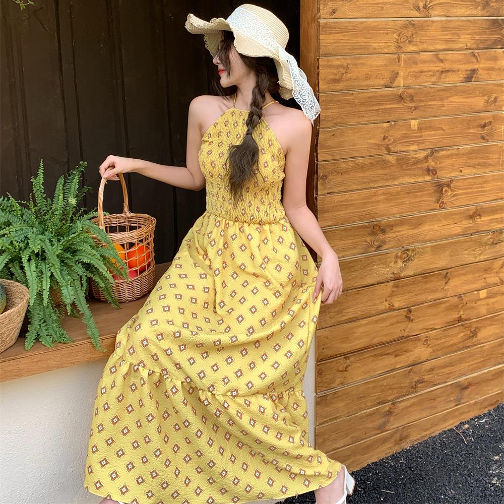Summer New Women's Clothing Temperament Fashionable and Versatile Simple Sleeveless Printed Neck Collar Midi Dress