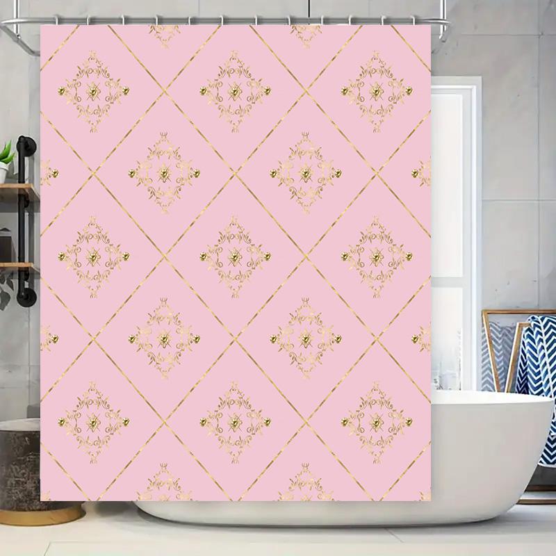 

Gold Floral Diamond Pattern Shower Curtain For Bathroom Decor Pink With Gold Accents W60H190(CM)-1 Pcs