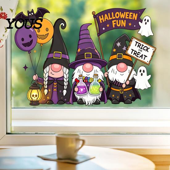Reusable Holiday Window Sticker Static Glass Sticker, No Residue Clings, Festive Decal with Halloween Dwarf Wizards Black Cats Ghosts Skeletons
