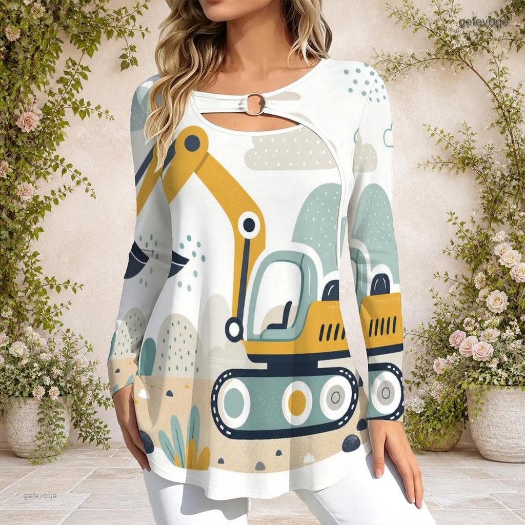 Women Plus Size Long Sleeve Loose Top Metal Ring Neck Detail For Casual Daily Wear