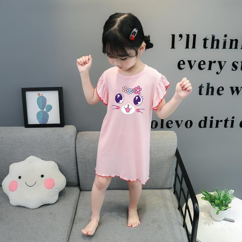 Girls Summer Ice Silk Short Sleeve Cartoon Nightgown Lightweight Pajama Dress for Toddlers and Kids
