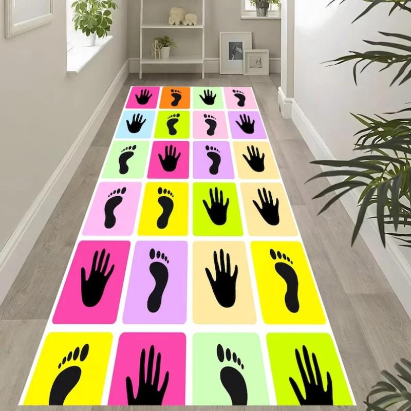 Non-slip Handprint Footprint Runner Rug, Pastel Kids Mat for Playroom Nursery
