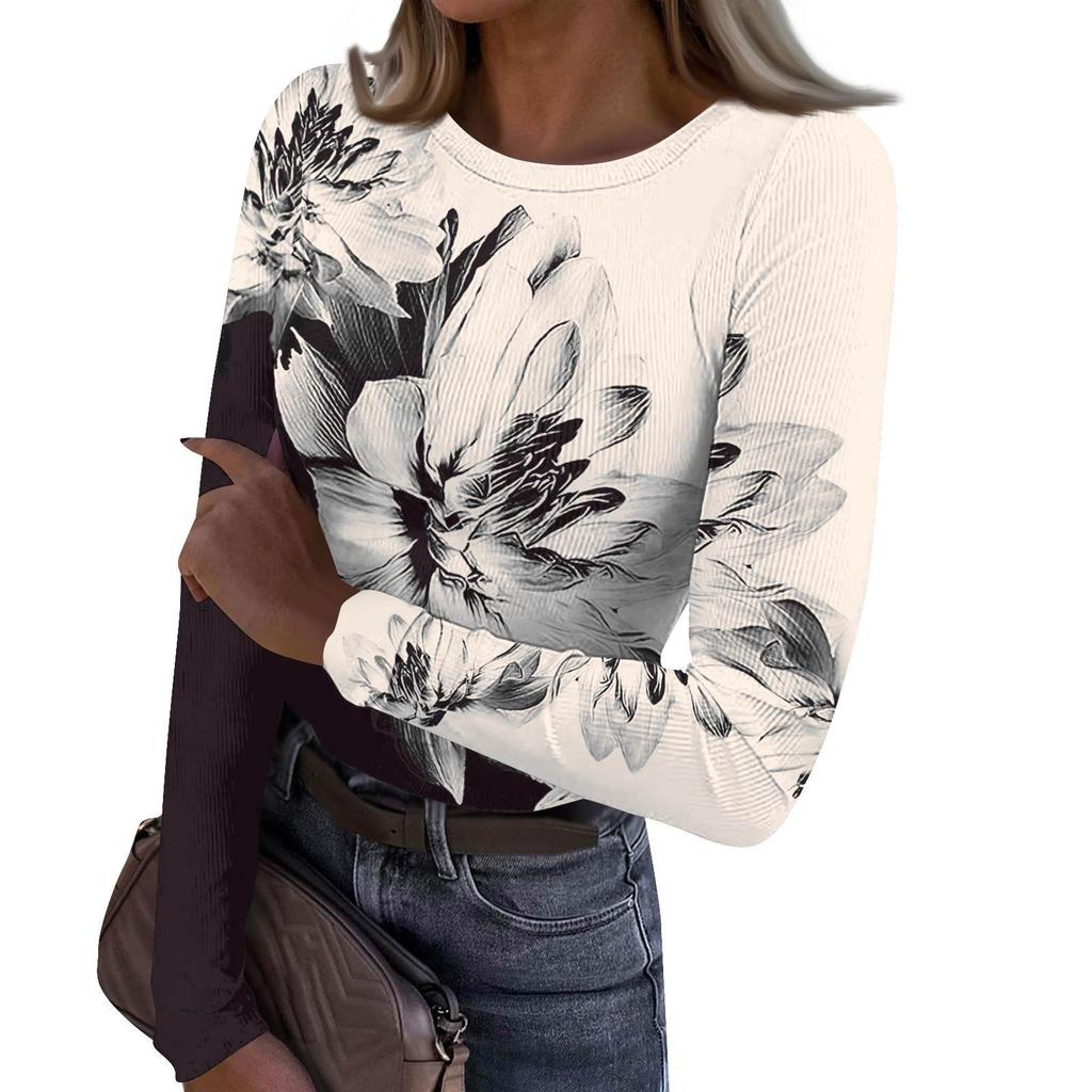 Dámské A Zimní Slim Spodní Tričko Módní Ležérní Gradientní Potisk Kulatý Výstřih Pulovr Dlouhý Rukáv Top