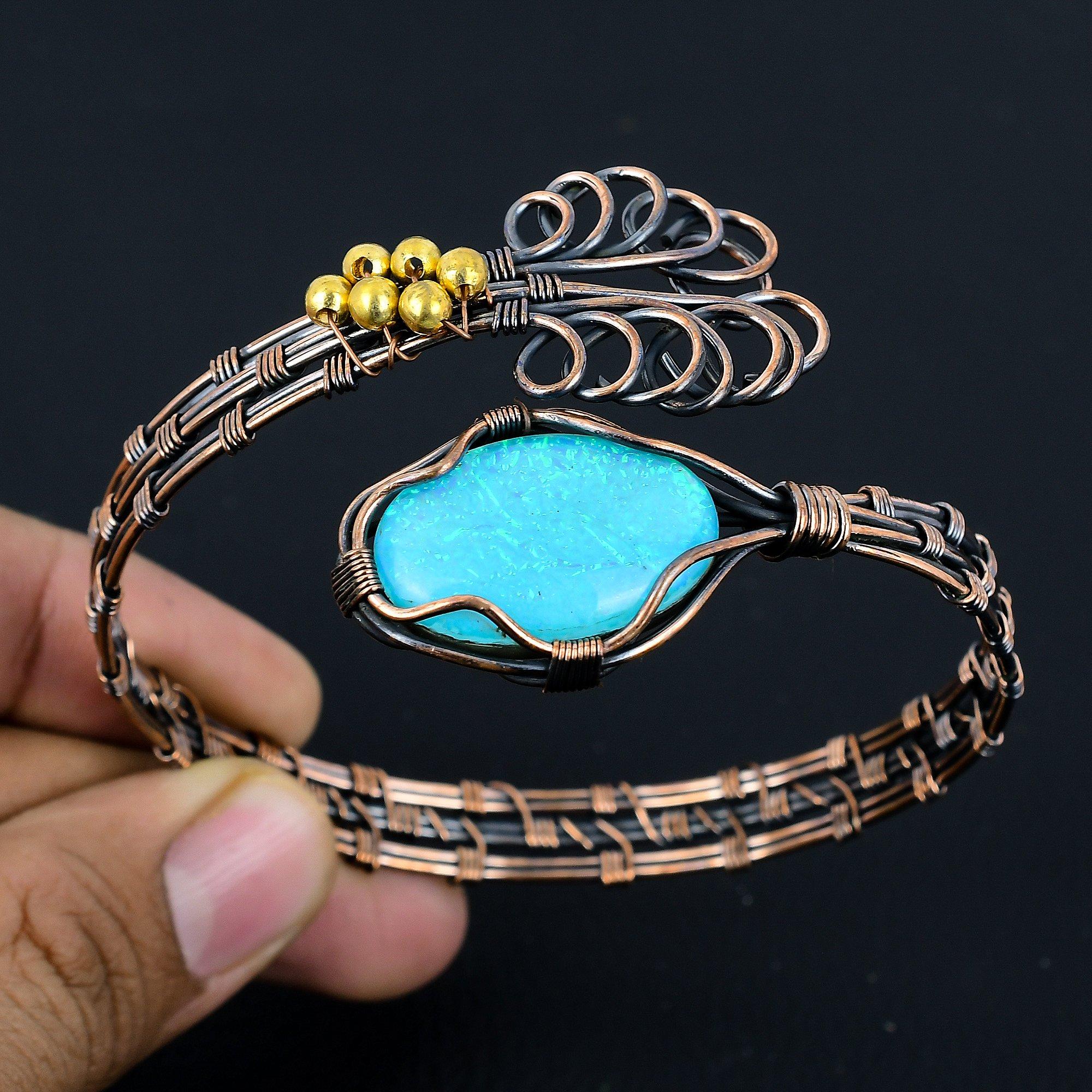 

Браслет с австралийским опалом-триплетом, Браслет из драгоценного камня ручной работы, Антикварное украшение, обернутое медной проволокой 999 пробы, Для подарка на помолвку