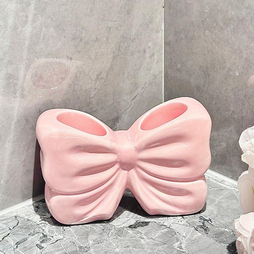 Charming Bow Ceramic Toothbrush Holder - Portable, Drill-free Bathroom Storage for Toothbrushes and Toothpaste