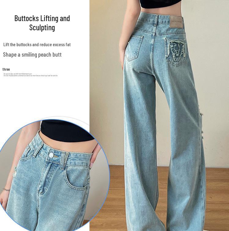 Women's 2025 High-Waisted Ripped Wide-Leg Jeans - Spring/Autumn Thin Style, Loose Petite Fit, Straight Narrow-Leg.