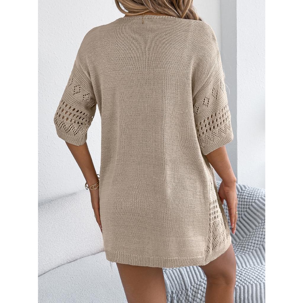 HNXC Spring and Summer Casual Solid Color Cut-out Mid-sleeved Knitted Sweater Vacation Cardigan Women's Wear