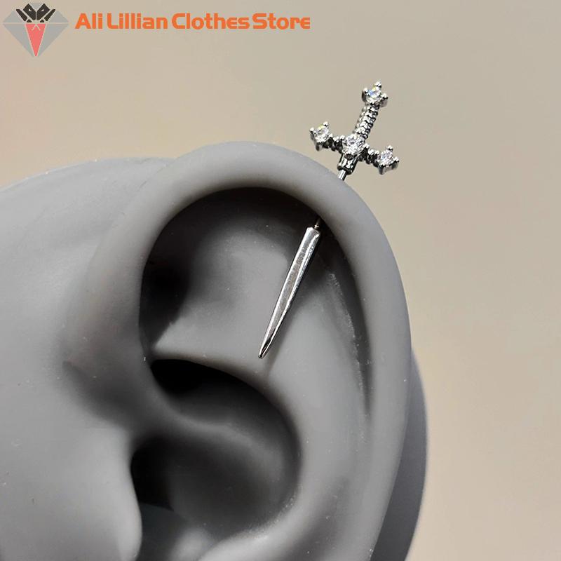 Neue Schwertförmige Strass-Kreuz-Ohrringe Punk Zirkon Schwebendes Helix-Piercing Ohrknorpel Für Damen Herren Schmuck Partnergeschenke