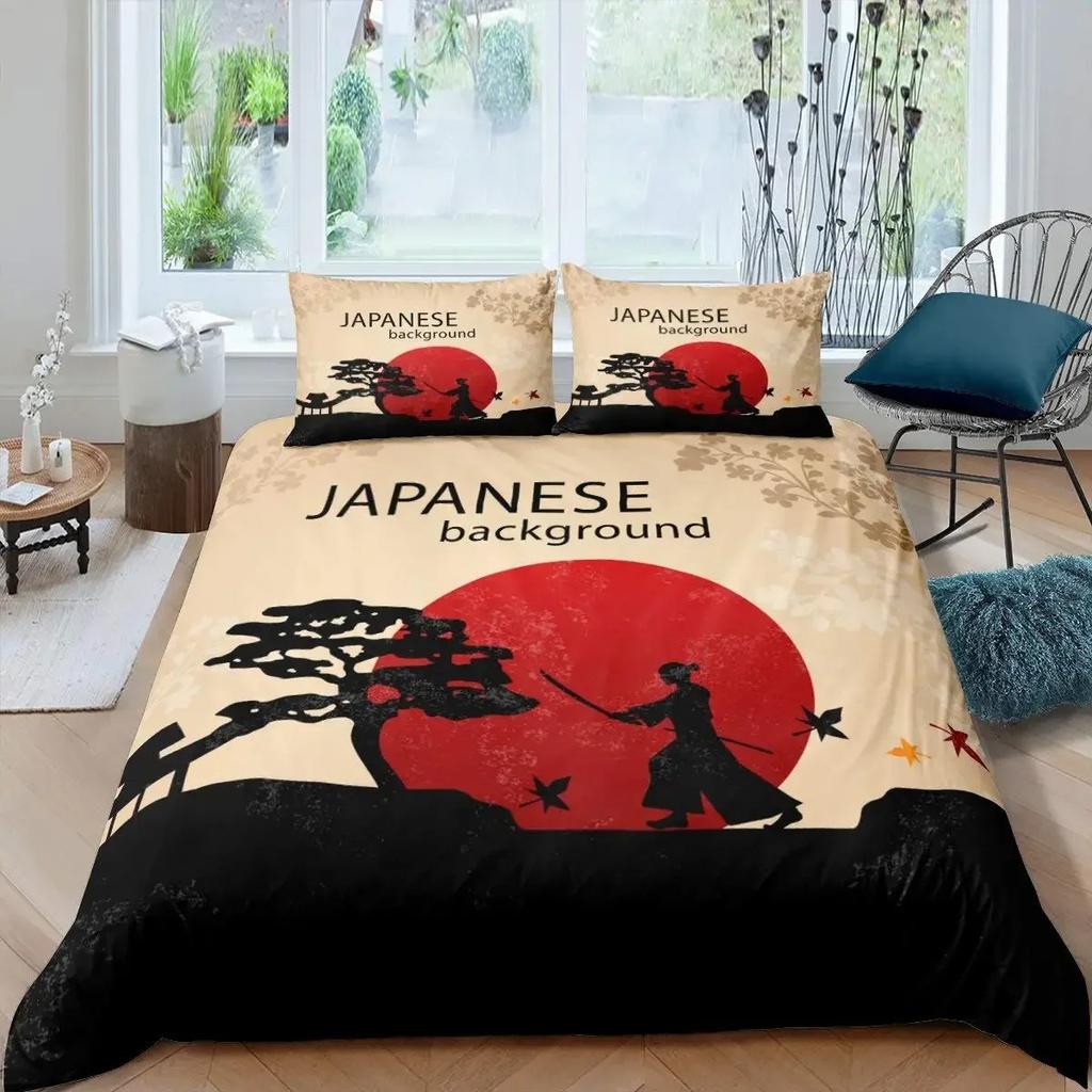 Set Letto Samurai Giapponese, Copripiumino con Siluetta di Edificio Paesaggio Tramonto Giappone per Uomini Adolescenti, Nero Rosso