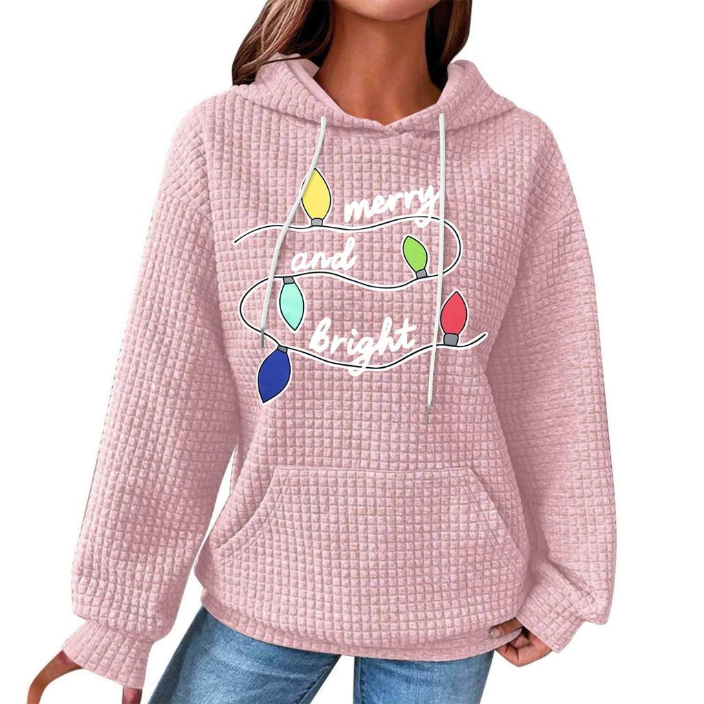 Women's Fashion Loose Hooded Pullover Long Sleeve Plaid Sweatshirt With Drawstring, Drop Shoulder, Pocket, Christmas Print Top