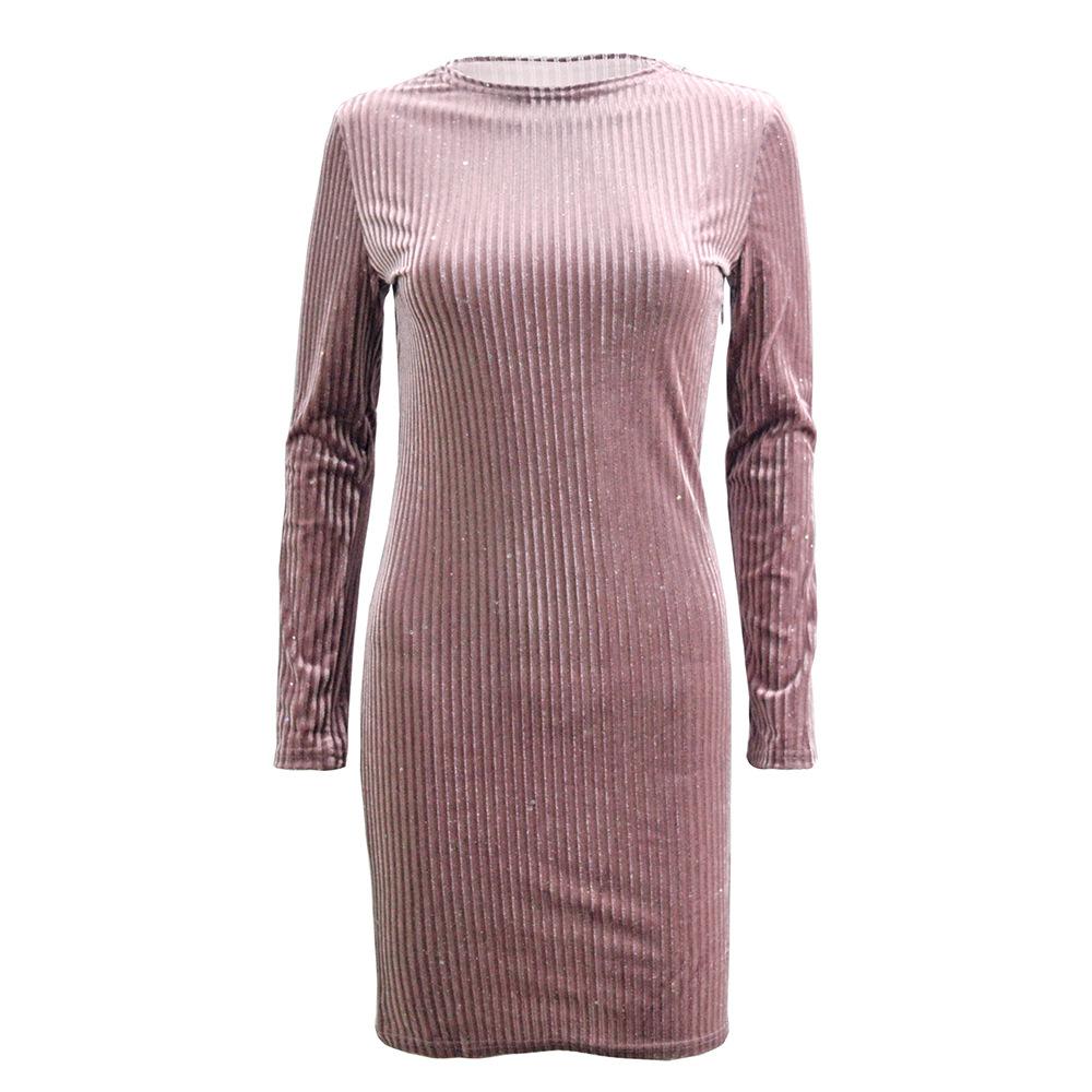 

European and American popular women s clothing sparkling sequins pink velvet long-sleeved slim-fit dress S розовый