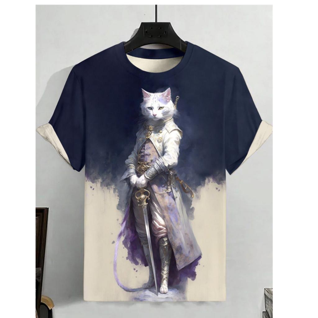 Animal Men's T-Shirt Japanese Samurai Cat Pattern T-Shirt 3d Print Short Sleeved T-Shirts Oversized Men Clothing Tops Summer New